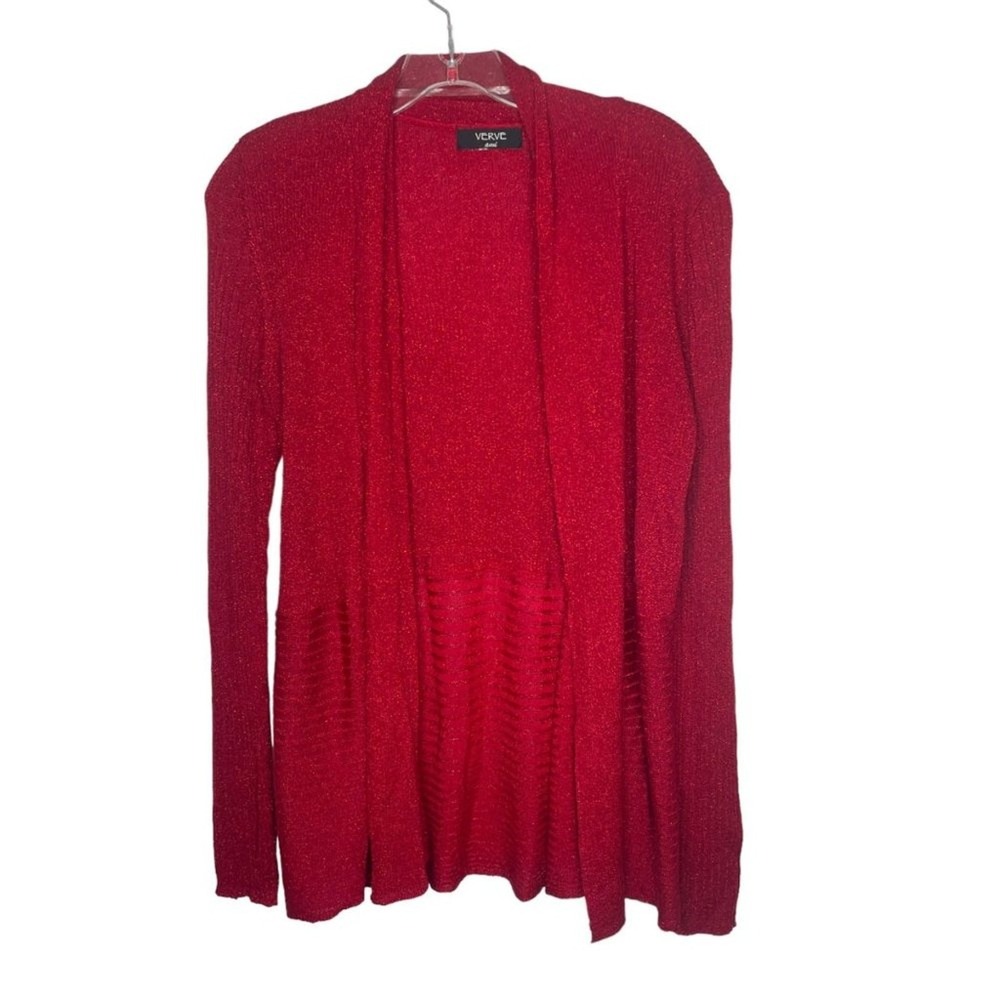 Verve Ami Red Metallic Open Front Cardigan Ribbed Knit Sweater Small